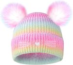 Girls Rainbow Pompom Beanies Hats, Embroidered Cat Knit Beanie Hat for Kids Snow Ski Skull Cap Age 3-14