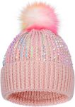 Kids Knit Winter Hats with Pompom for Ages 3-14 Girls Warm Snow Ski Cap with Sparkly Sequin or Pearl Rhinestones